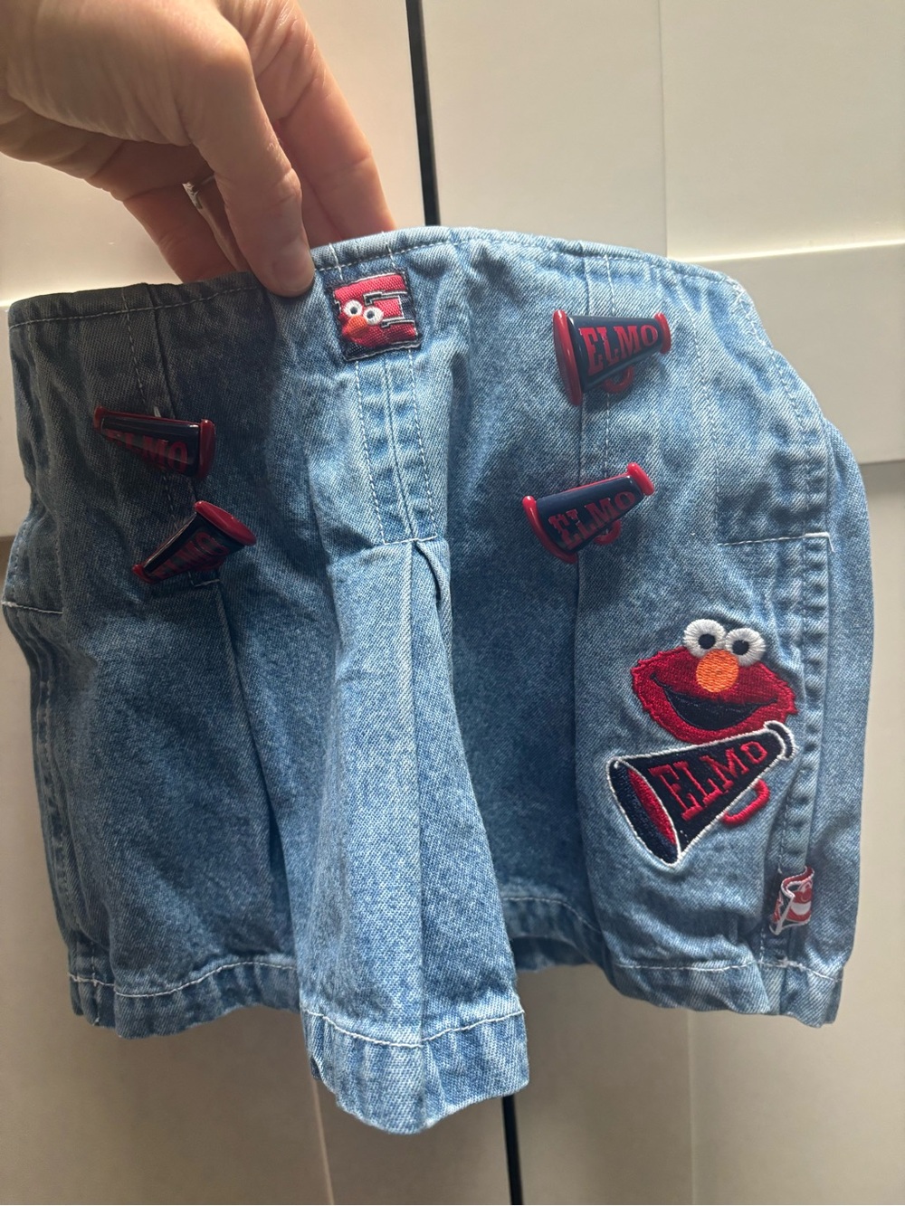 Elmo Denim Shorts with Red Embroidered Appliqués